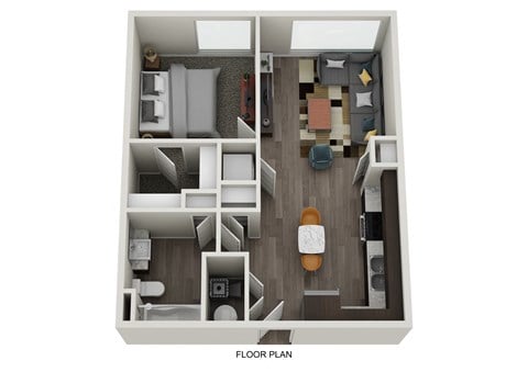 Floor plan for 1 bed, 1 bath, 888 sqft